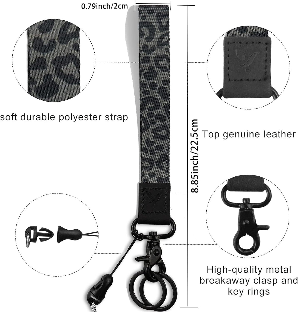 Yiflin Cute Wrist Lanyard for Keys, Keychain, Wallet, Id Holder, Cell Phone, Wristlet Lanyard Key Chain Holder（Black Leopard）