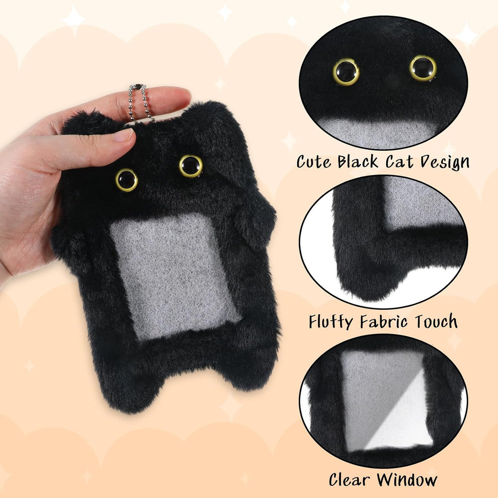 Black Cartoon Plush Photocard Holder Keychain, Cute Cartoon Cat Photo Card Holder Keychain, Soft Plush Photo Card Holder for ID Card Cover Photo Protective Bag Pendant Decor
