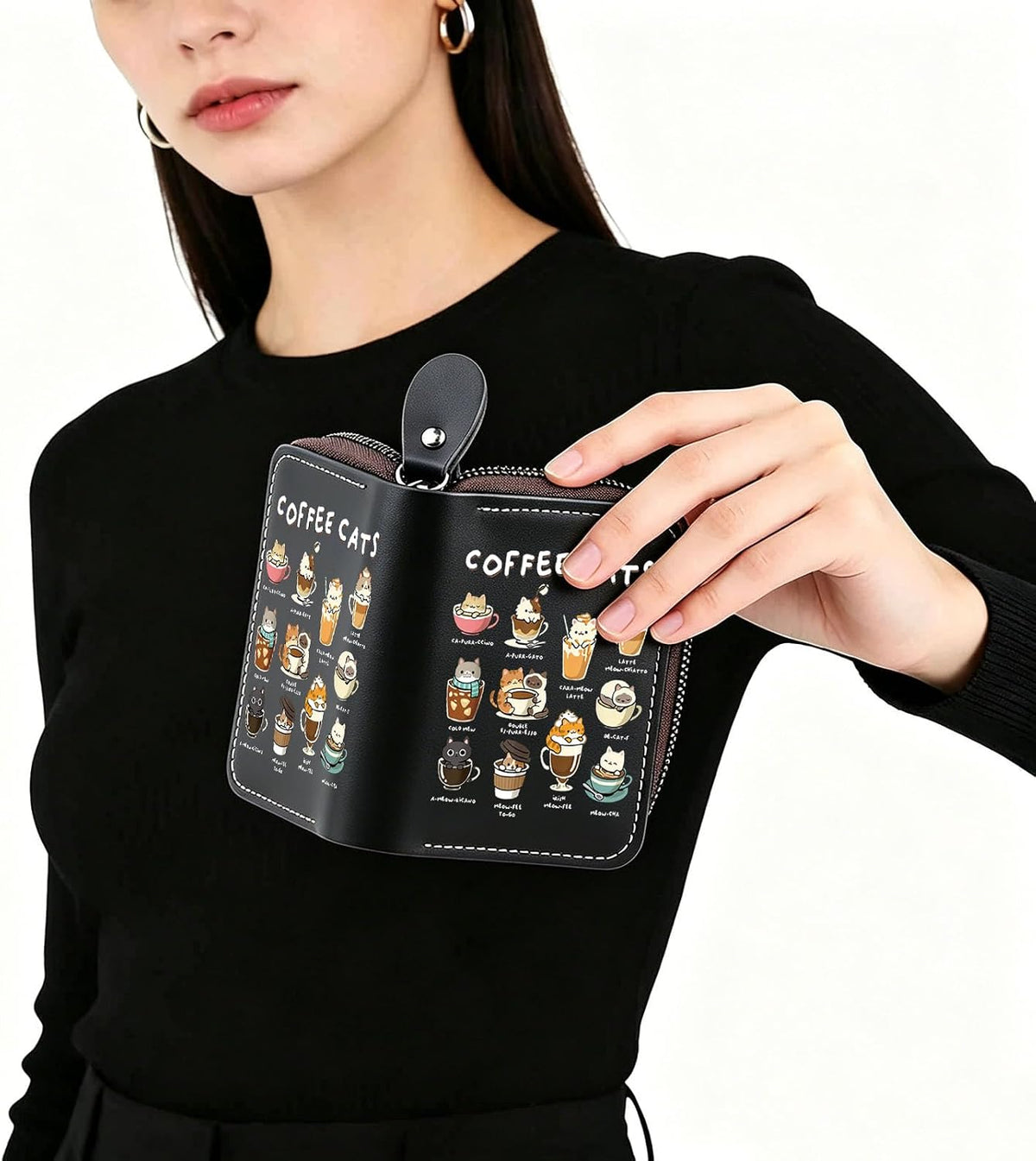 FEELMEM Coffee Cats Leather Credit Card Holder Zipper Wallet Cat Lover Barista Gift Coffee Enthusiasts Gift (black)