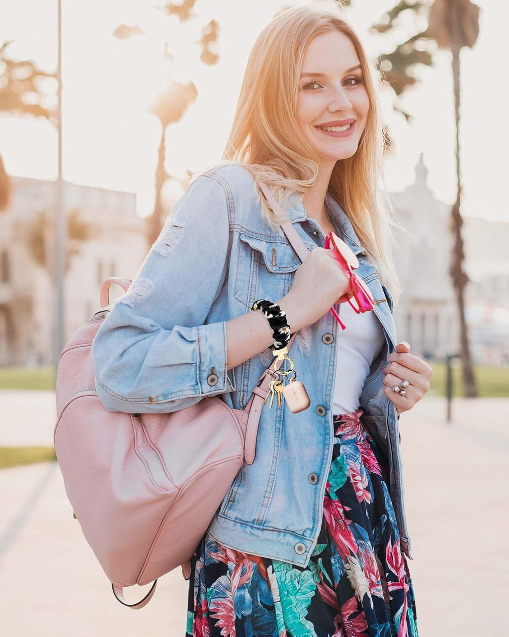 WEESMILE Scrunchie Keychain Wristlet for Car Key Chain with D Key Ring