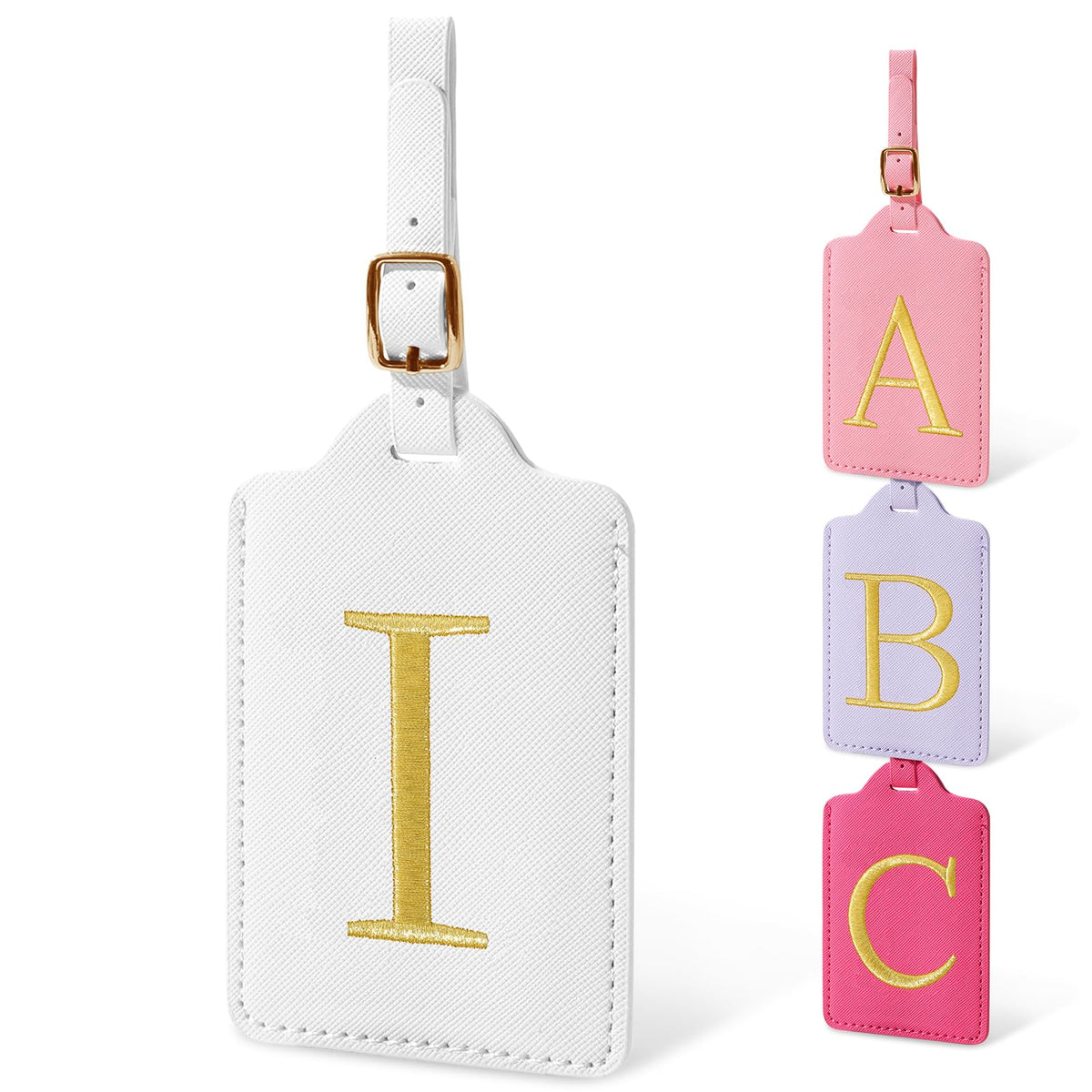 Personalized Initial Luggage Tags for Suitcases, Cute PU Leather Embroidered Letter Travel Luggage Tags, Suitcase Identifier Name Baggage Tag, Bag Tags for Men Women Kids Luggage Handbags(Pink M)