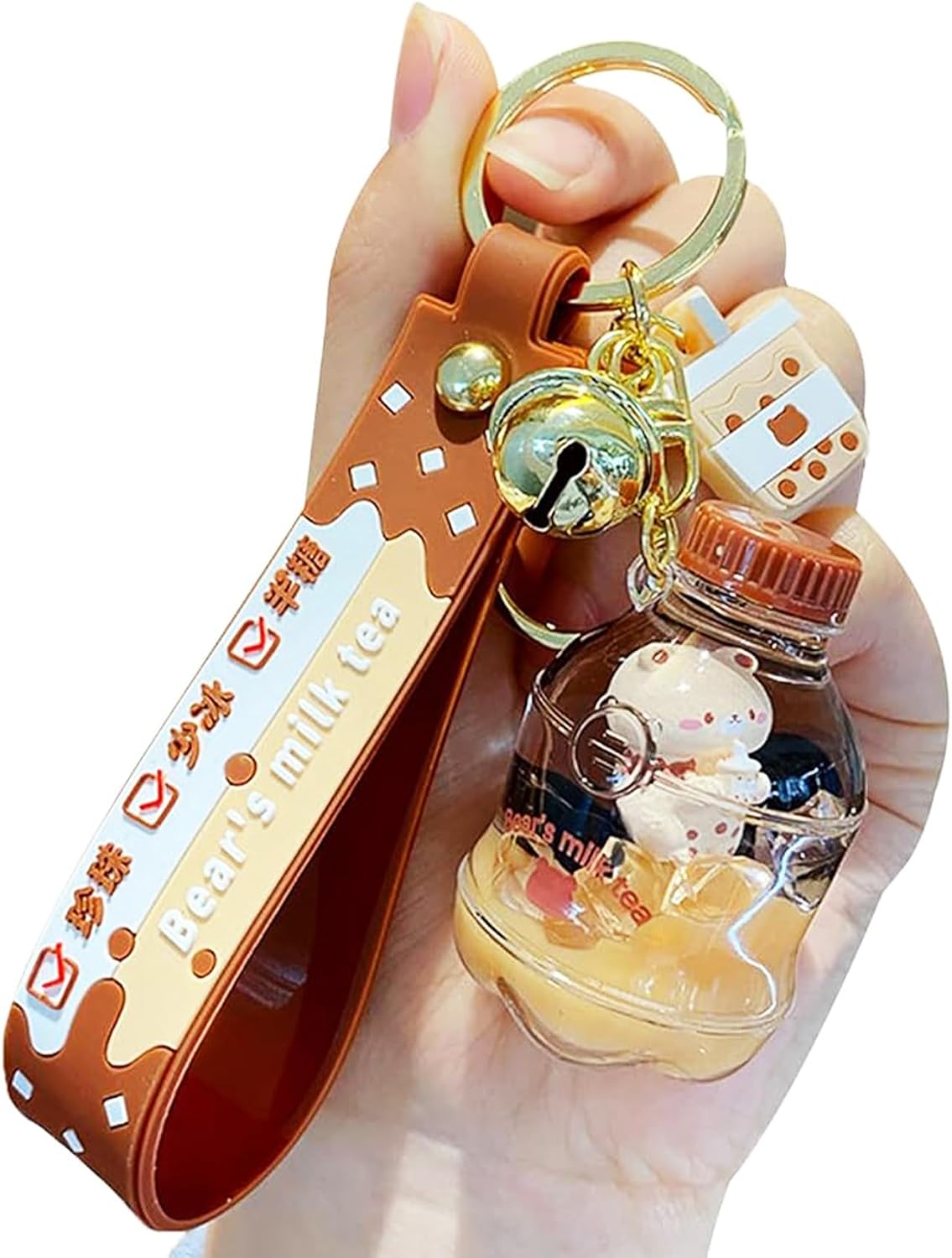 YOU WIZV Kawaii Bear Boba Keychain - Cute Liquid Water Charm for Backpacks, Adorable Gift for Women Boy Girls