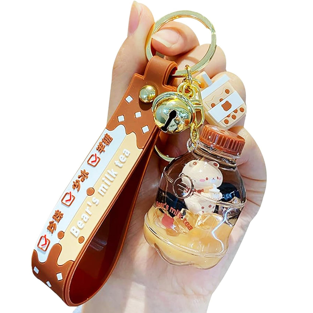 YOU WIZV Kawaii Bear Boba Keychain - Cute Liquid Water Charm for Backpacks, Adorable Gift for Women Boy Girls