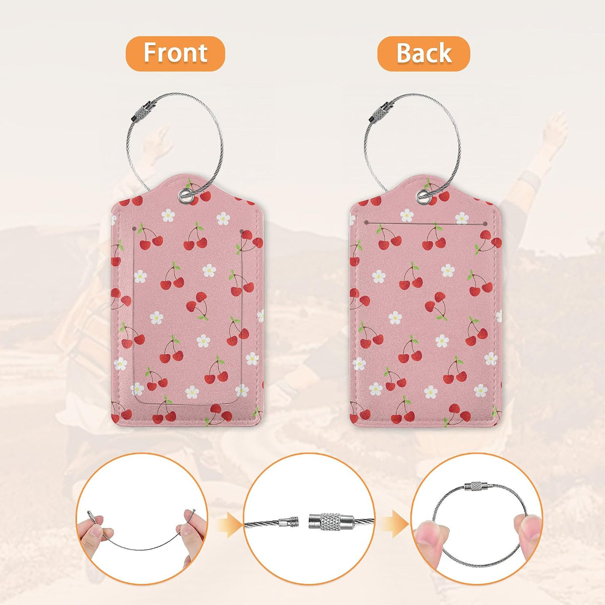 Cute Red Cherry with Flower Luggage Tags for Suitcase,Luggage Tag with Stainless Steel Loop Privacy Cover Id Label Travel Bag Luggage Identifiers for Women Men Travel,Set of 2