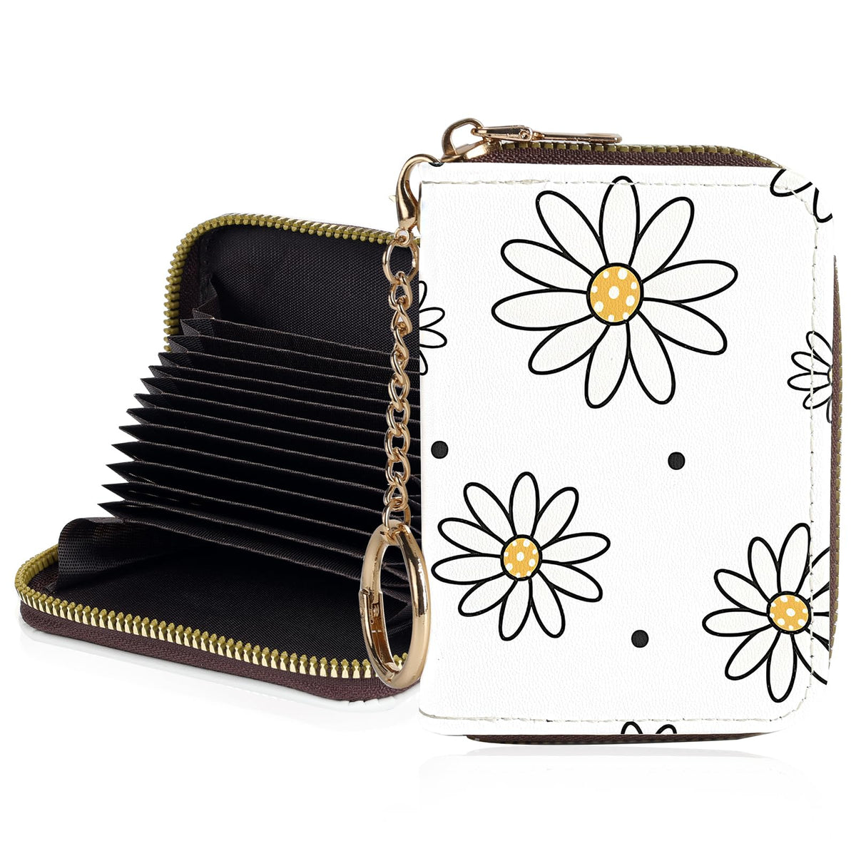 Credit Card Holder for Women,Small Rfid Wallet with Keychain Zipper,Cute PU Leather Card Case Wallet，Accordion Credit Card Wallets Gift,Flowers and Black Cat B