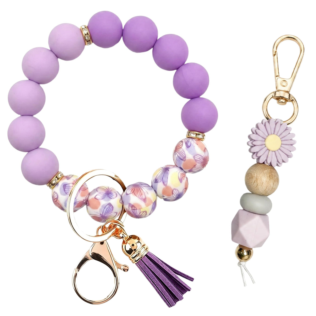 2PCS Bracelet Key Ring Set, Cute Car Key chain Wristlet, Silicone Beaded Bangle keyChains for Women Girls