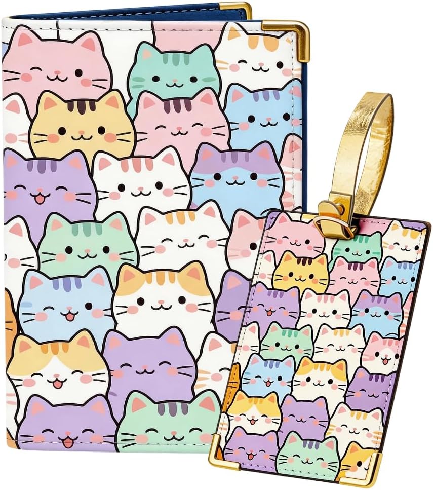 Cat Design Passport Holder Luggage Tag Men Women for Travel Essentials, Leather Passport Cover Cute Cartoon Pattern Travel Wallet Card Protector Stylish Accessories 5.4 x 4.1 x 0.2 Inch