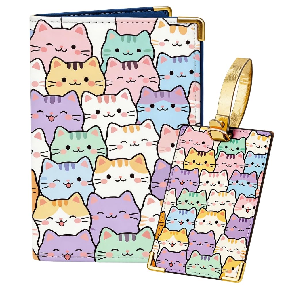 Cat Design Passport Holder Luggage Tag Men Women for Travel Essentials, Leather Passport Cover Cute Cartoon Pattern Travel Wallet Card Protector Stylish Accessories 5.4 x 4.1 x 0.2 Inch
