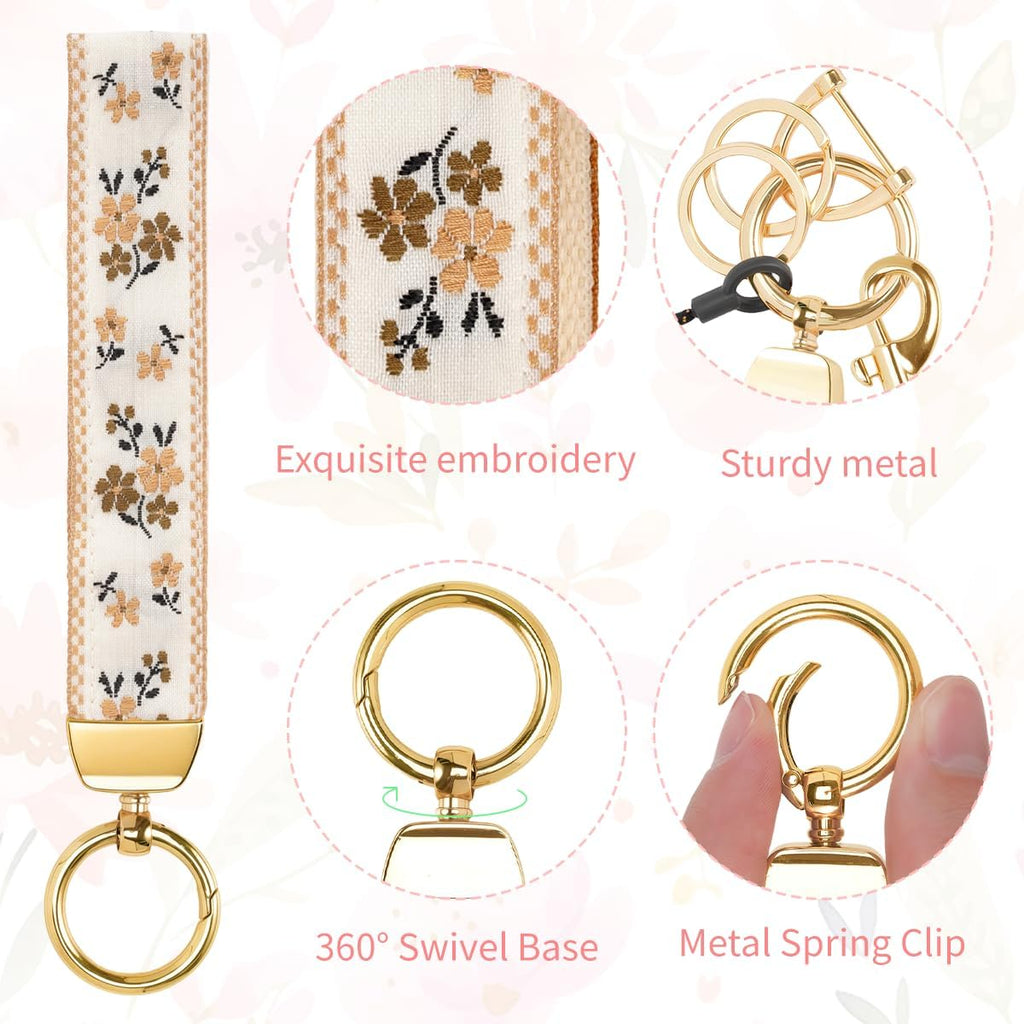Boho Wristlet Keychain for Women Cute Floral Fabric Key Chain Lanyard Keychain with Cute Keychain Cherry