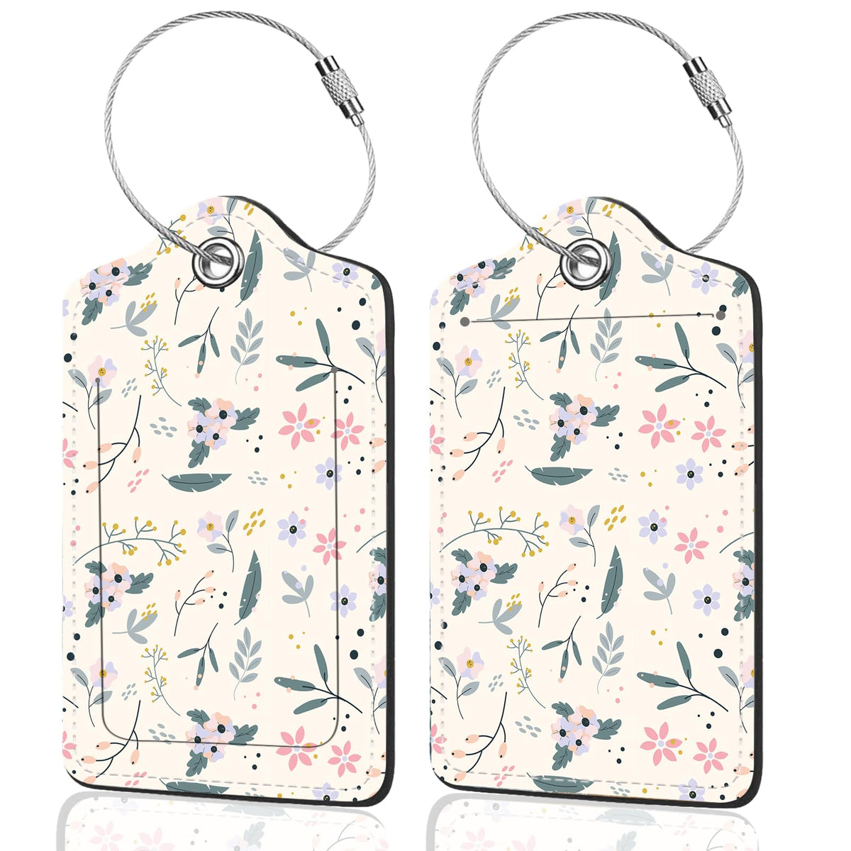 2Pack Luggage Tags for Suitcases, Cute Unique Pu Leather Cruise Luggage Tag with Privacy Cover ID Label Address Card and Metal Ring Suitable for Women Men Kids Travel Bag Linear Flower