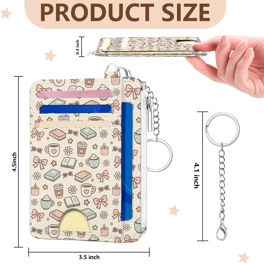 Book Lover Gift for Readers, Cute Reading Theme Card Holder Wallet, Literary Slim Credit Card Case with ID Window, Cartoon RFID Blocking Pocket Wallet Gift for Book Fans with Coin Zipper Keychain
