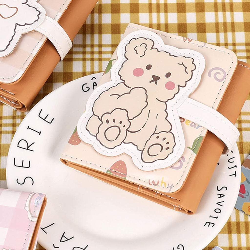 Kawaii Bear Wallet Cute Cartoon Card Holder Girls Coin Purse Anime Key Bag Card Case Front Pocket Wallet (Beige-1)