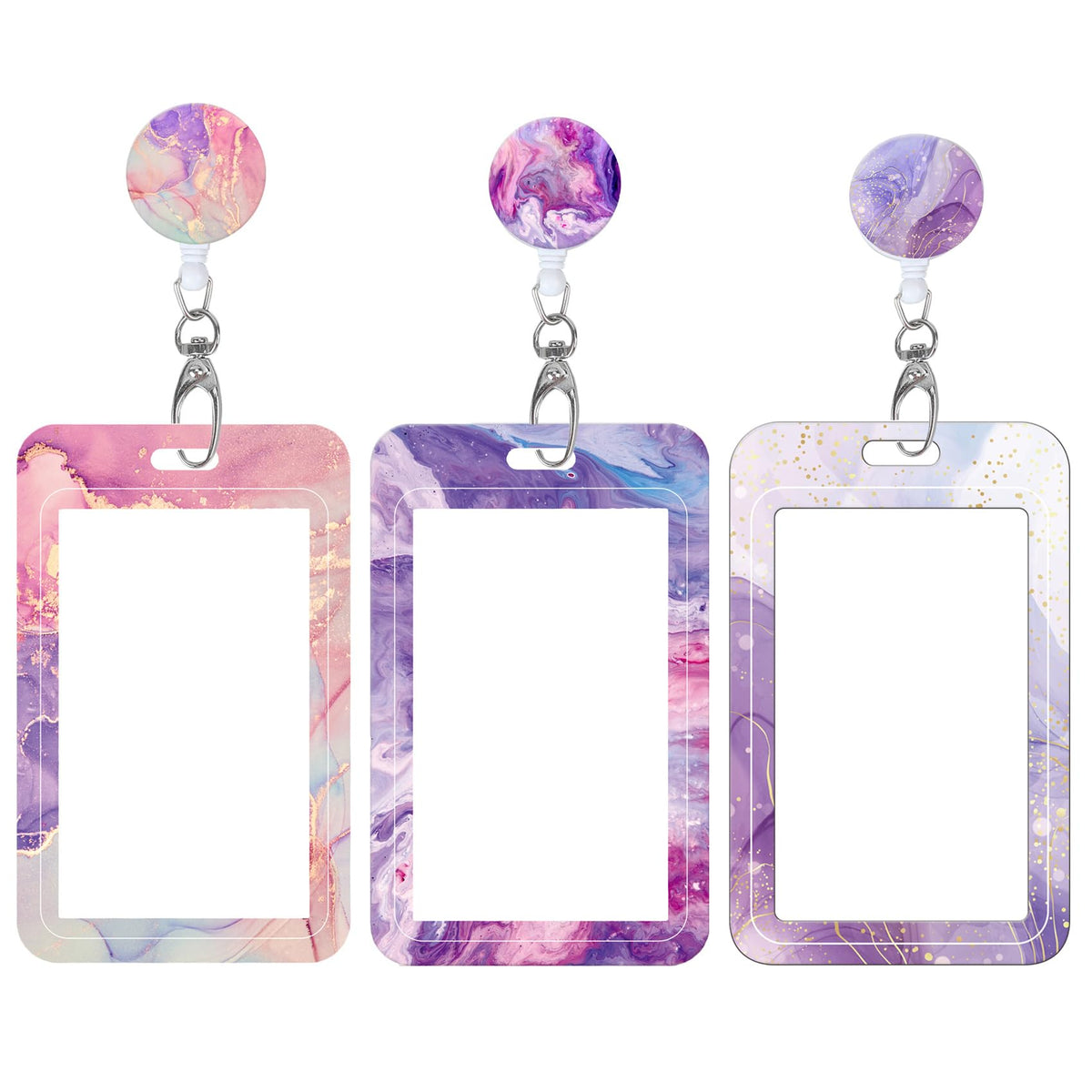 Badge Reels Retractable with Carabiner Reel Clip, Worker Badge Holder Belt Ferrule, Identity ID Badge Holder Case, Nurse Doctor Office School Teacher Name Credit Card Pocket (H-Marble Purple Pink)