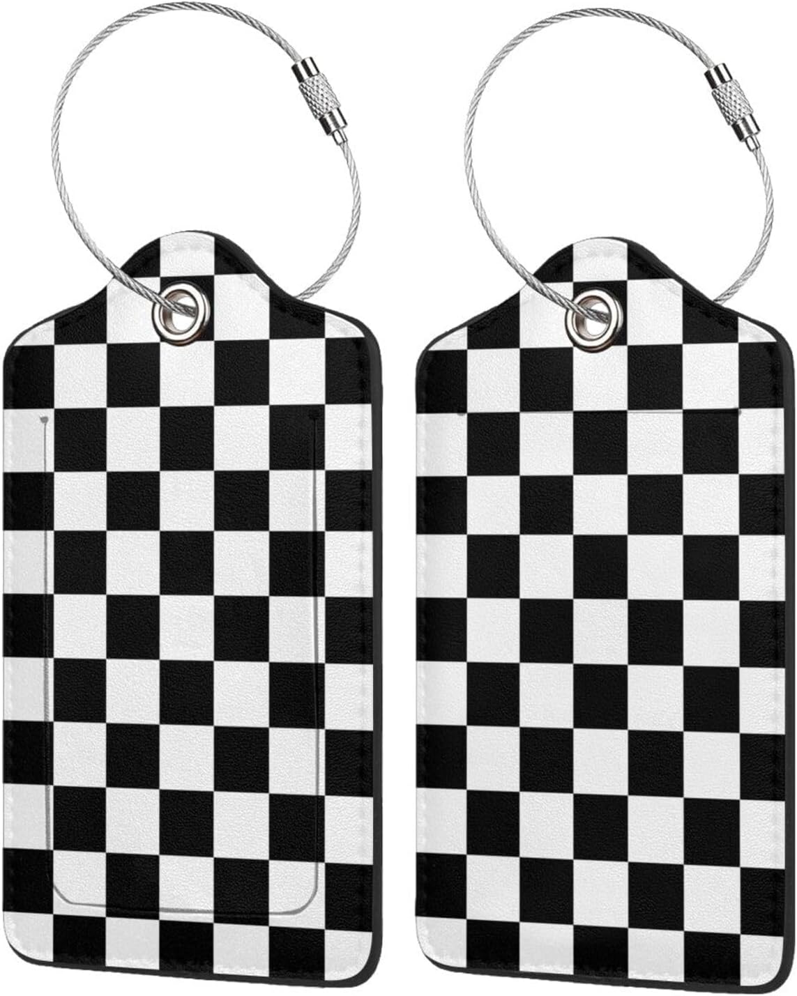2P Black White Plaid Lines Race Grid Checkered Flag Luggage Tags Privacy Cover ID Label with Stainless Steel Loop and Address Card for Travel Bag Suitcase Funny Cute Man Women Kids