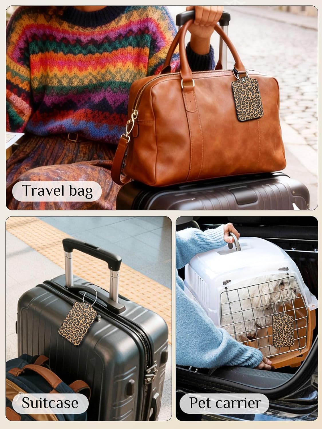 Seorsok 2 PCS Luggage Travel Tags for Suitcases,Cute Brown Leopard PU Leather Name Tag with Privacy Cover&ID Label Address Card and Durable Metal Ring Suitable for Men Women Handbags Backpack,Brown