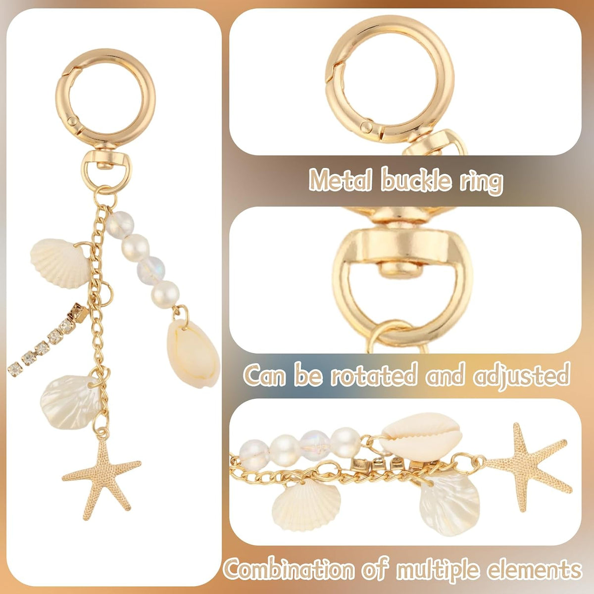 Gold Cute Artificial Pearl Starfish Seashell Keychains