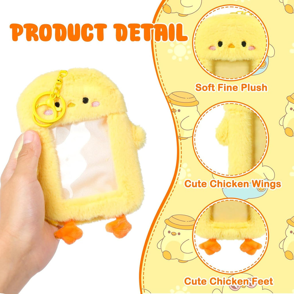 NEWEST Chicken Plush Kpop Photocard Holder with Keychain, Cute Chick ID Badge Holder Protector, Soft 3 Inch Cartoon Animal Photo Case Sleeves Stationery for Idol ID Card Student Worker Bag Charm