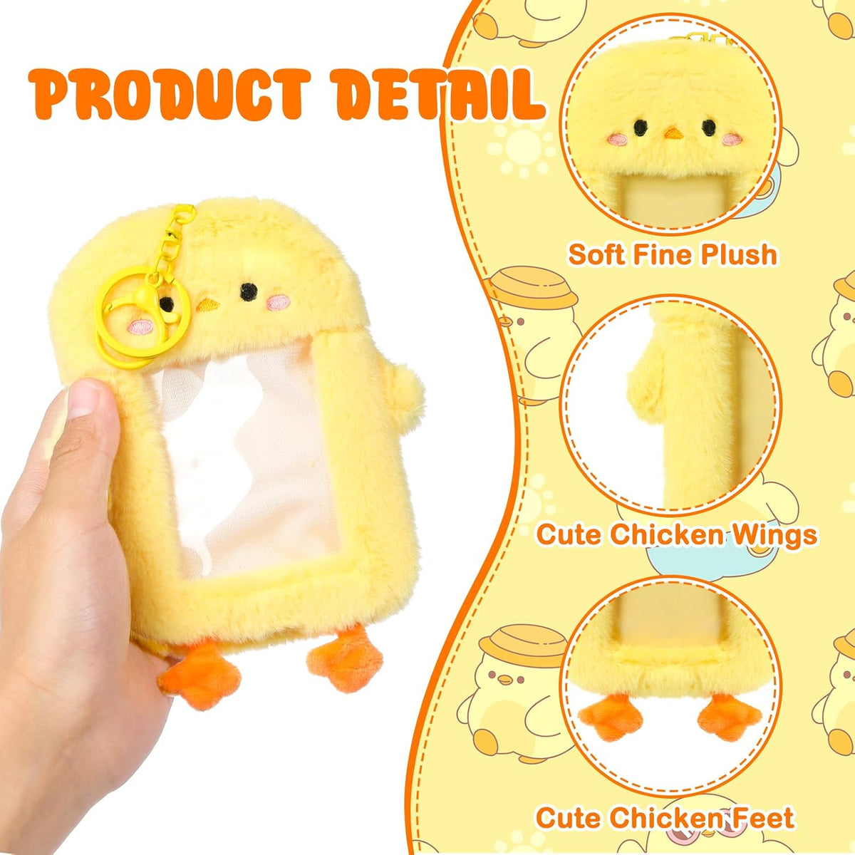 NEWEST Chicken Plush Kpop Photocard Holder with Keychain, Cute Chick ID Badge Holder Protector, Soft 3 Inch Cartoon Animal Photo Case Sleeves Stationery for Idol ID Card Student Worker Bag Charm