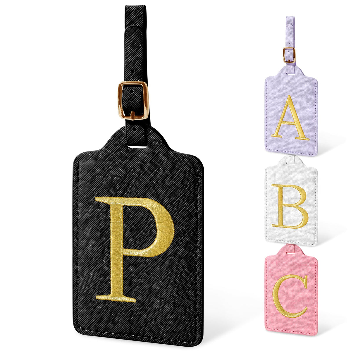 Personalized Initial Luggage Tags for Suitcases, Cute PU Leather Embroidered Letter Travel Luggage Tags, Suitcase Identifier Name Baggage Tag, Bag Tags for Men Women Kids Luggage Handbags(Pink M)