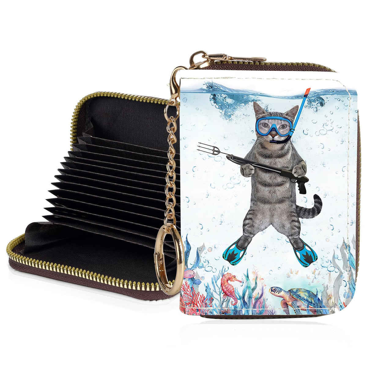 Credit Card Holder for Women,Small Rfid Wallet with Keychain Zipper,Cute PU Leather Card Case Wallet，Accordion Credit Card Wallets Gift,Cat Struck by Lightning