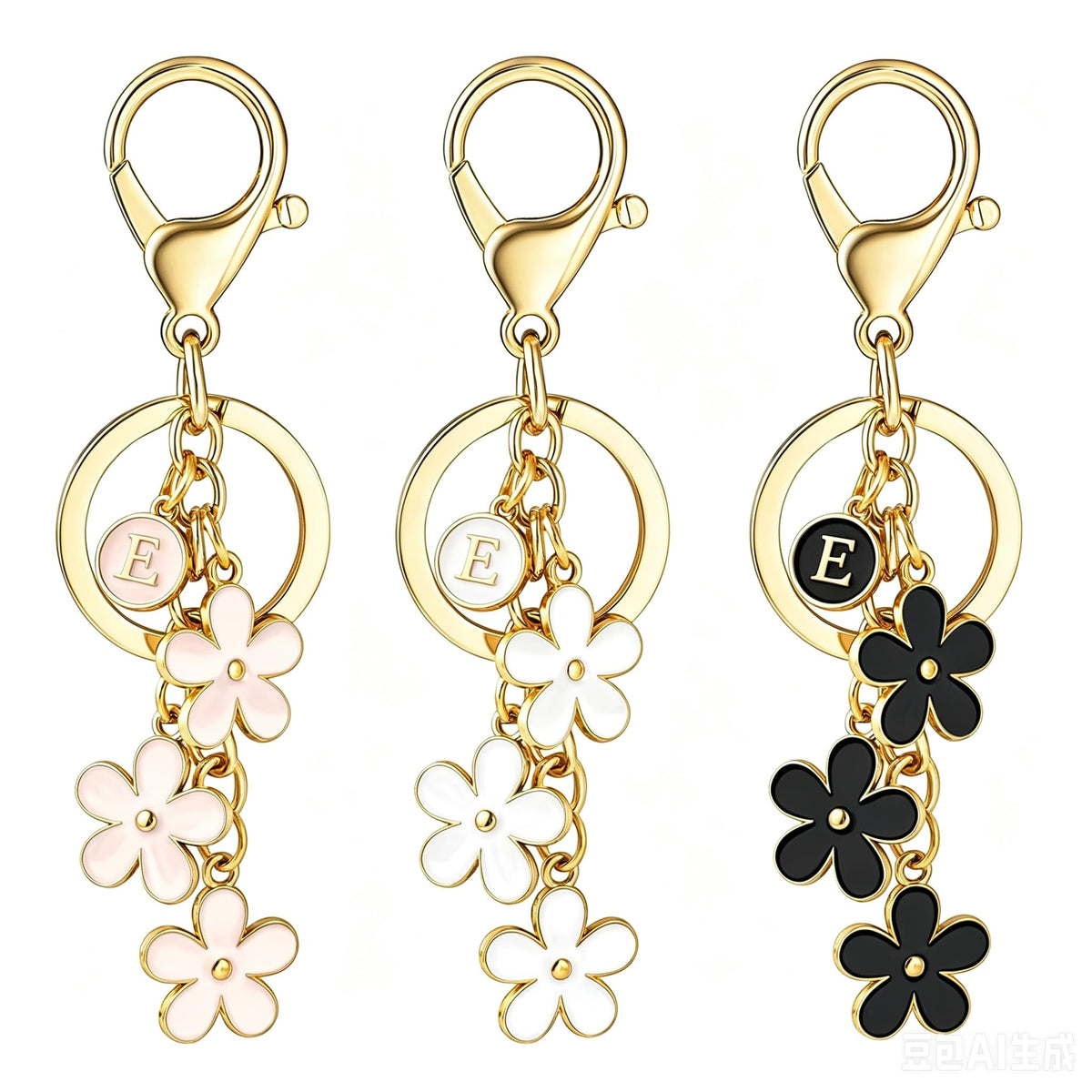 3Pcs Cute Keychain for Women, Flower Enamel Charm Keyring for Handbag Backpack Purse（White,Pink,Black