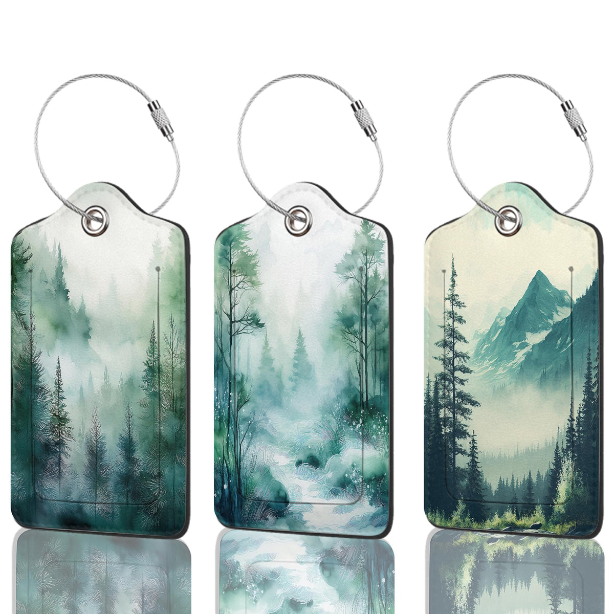 3 Pack Luggage Tag for Suitcase Leather Travel Cruise Luggage Tag with Stainless Steel Loop Name ID Label Privacy Cover for Adults Teens Travel Bag Labels Set (Mountain Forest Lake)