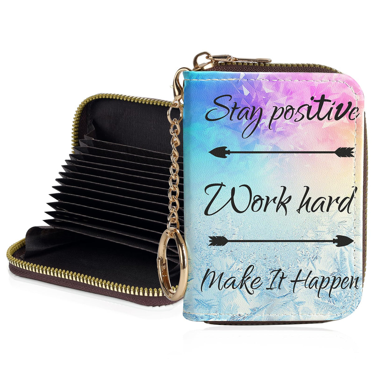 Credit Card Holder for Women,Small Rfid Wallet with Keychain Zipper,Cute PU Leather Card Case Wallet，Accordion Credit Card Wallets Gift,Flowers and Black Cat B