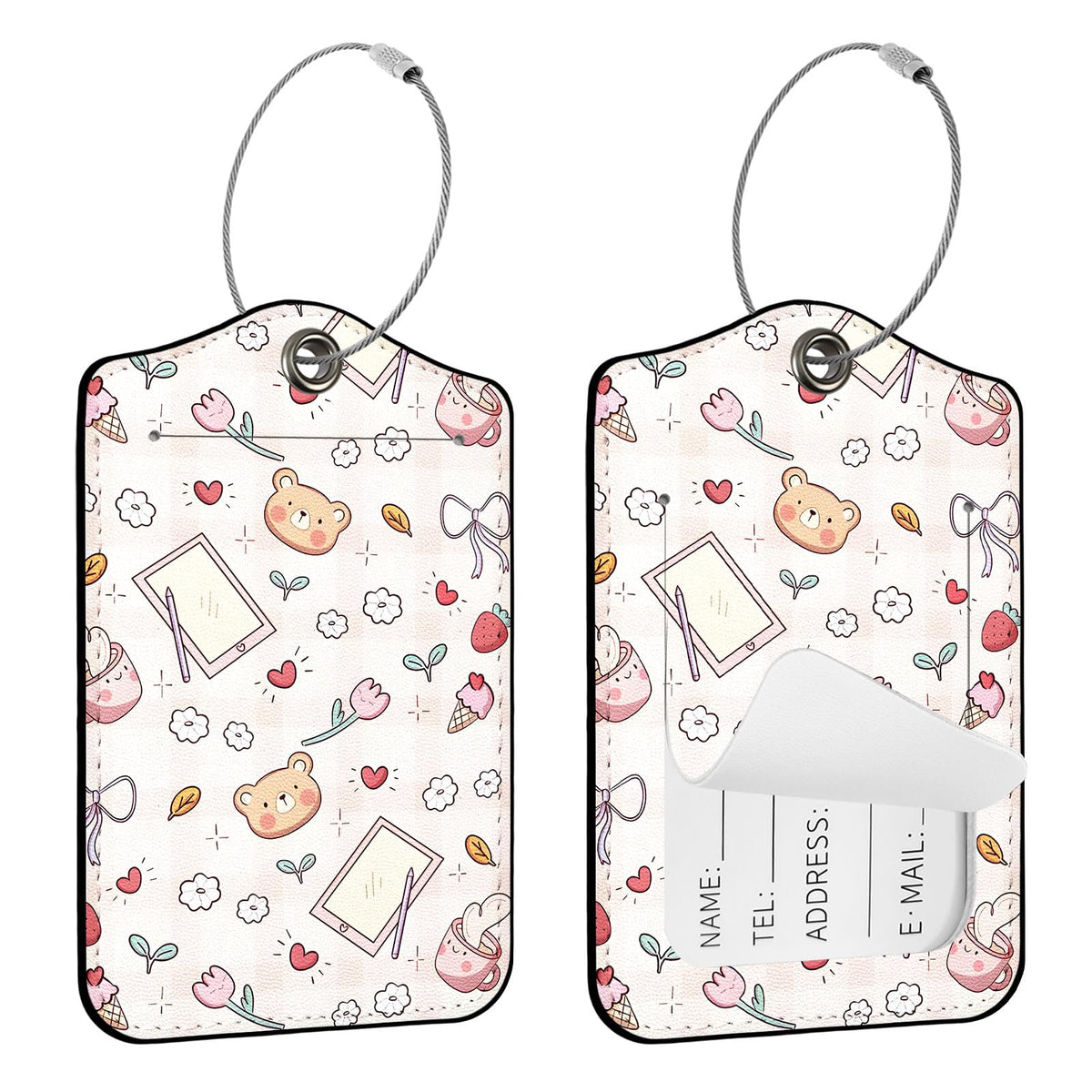 Seorsok 2 PCS Luggage Travel Tags for Suitcases,Cute Brown Leopard PU Leather Name Tag with Privacy Cover&ID Label Address Card and Durable Metal Ring Suitable for Men Women Handbags Backpack,Brown