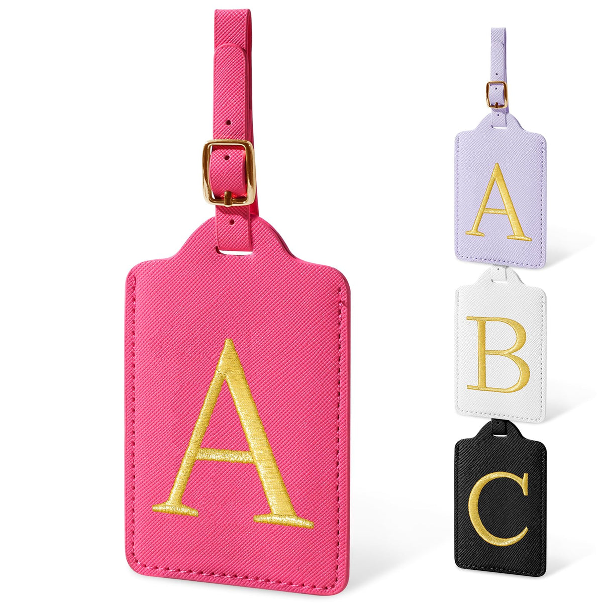 Personalized Initial Luggage Tags for Suitcases, Cute PU Leather Embroidered Letter Travel Luggage Tags, Suitcase Identifier Name Baggage Tag, Bag Tags for Men Women Kids Luggage Handbags(Pink M)