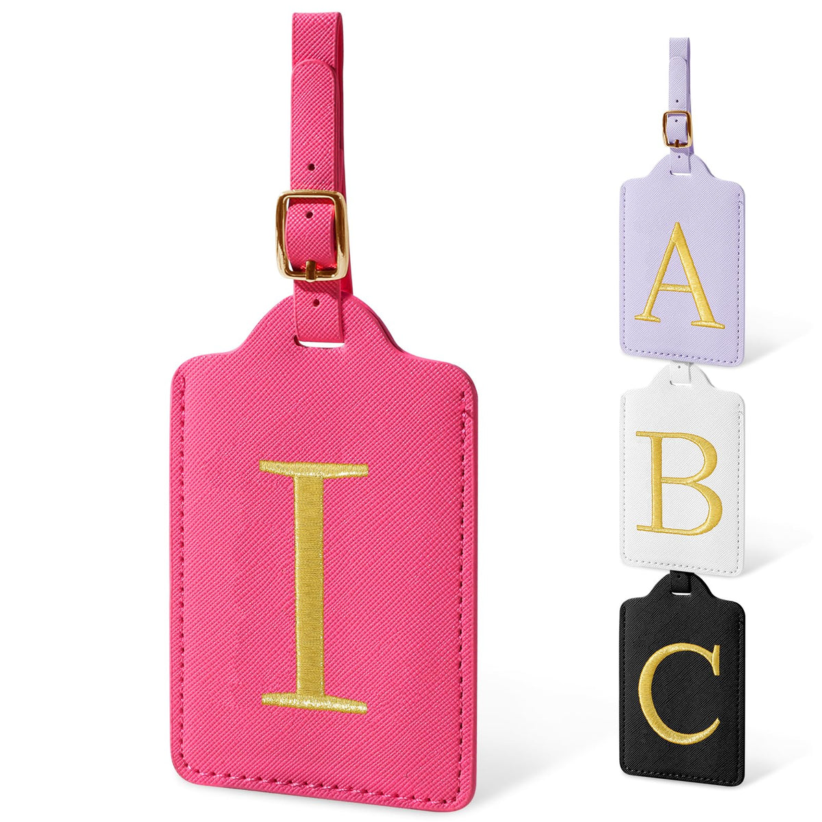 Personalized Initial Luggage Tags for Suitcases, Cute PU Leather Embroidered Letter Travel Luggage Tags, Suitcase Identifier Name Baggage Tag, Bag Tags for Men Women Kids Luggage Handbags(Pink M)