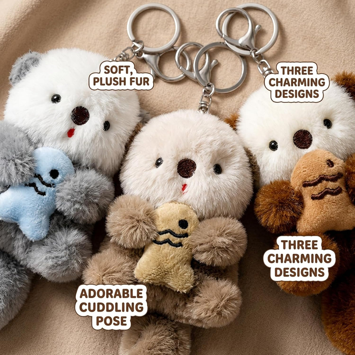 3PCS Otter Keychain, Adorable Animal Otter Plush Keychain Gift Set, Perfect for Keys and Backpacks, Three Color