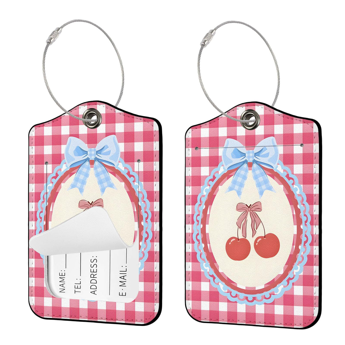Seorsok 2Pcs Luggage Travel Tags for Suitcases,Cute Color Grids Checkered PU Leather Name Tag with Privacy Cover&ID Label Address Card and Durable Metal Ring Suitable for Men Women Handbags Backpack