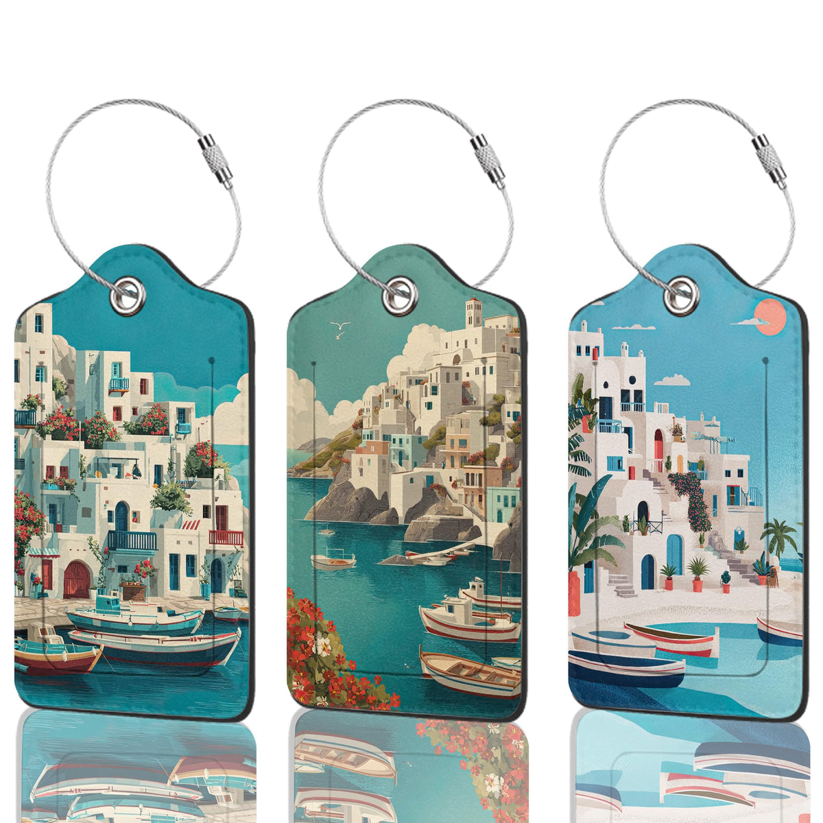 3 Pack Luggage Tag for Suitcase Leather Travel Cruise Luggage Tag with Stainless Steel Loop Name ID Label Privacy Cover for Adults Teens Travel Bag Labels Set (Mountain Forest Lake)