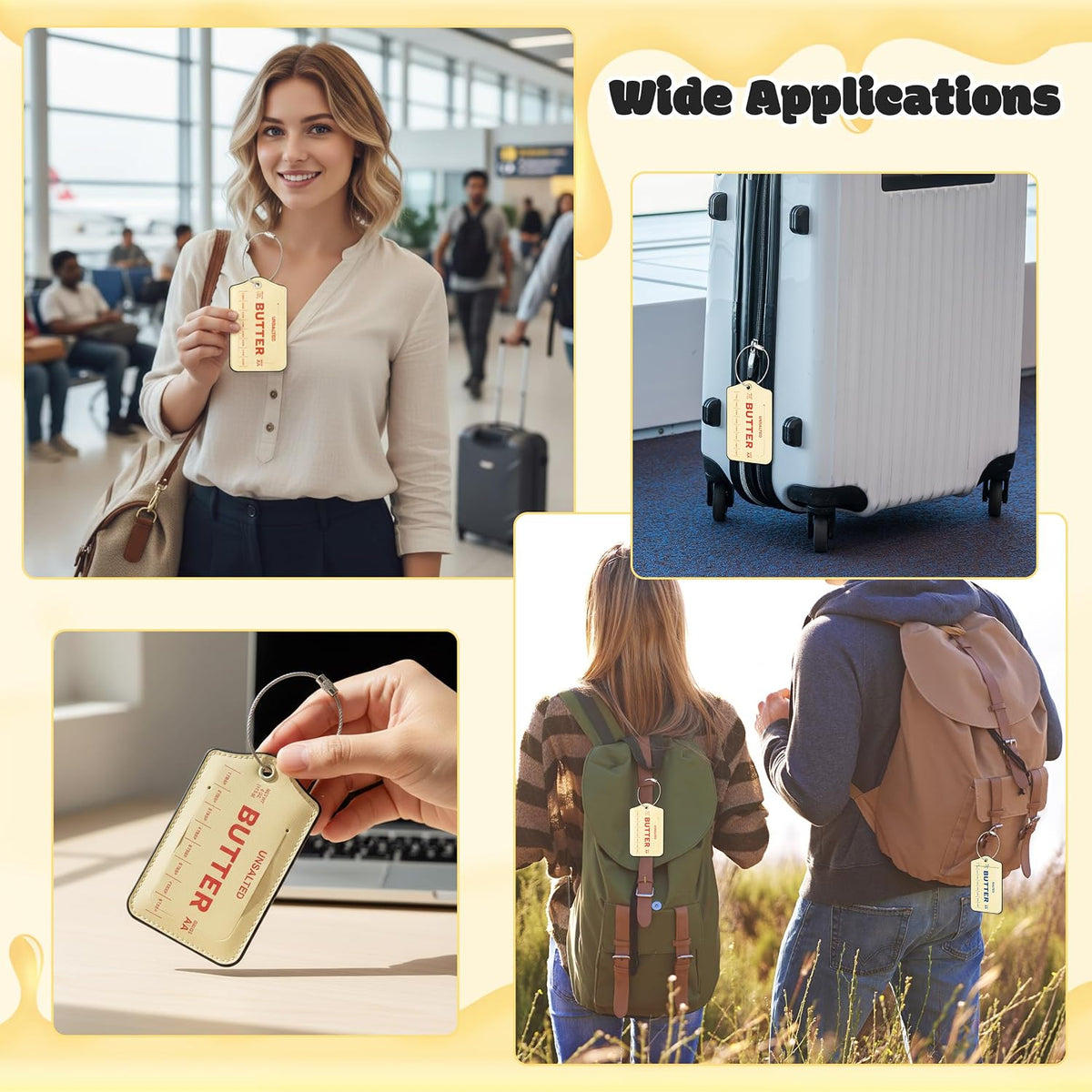Laffact Butter Stick Luggage Tag - 2Sets Funny Kitchen Inspired Airport ID Badge Tag, Double Fabric PU Leather Luggage Label Information Card Steel Loop for Suitcases Handbags Backpacks Birthday Gifts
