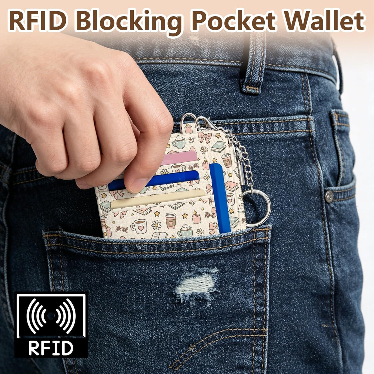 Book Lover Gift for Readers, Cute Reading Theme Card Holder Wallet, Literary Slim Credit Card Case with ID Window, Cartoon RFID Blocking Pocket Wallet Gift for Book Fans with Coin Zipper Keychain