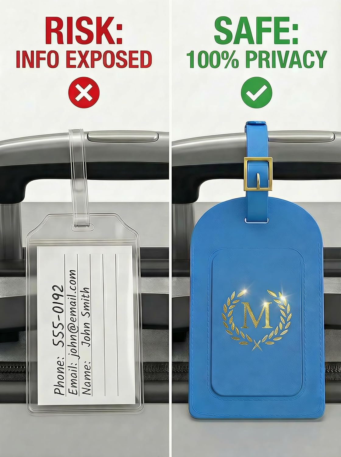 Luggage Tags for Suitcases 6 Pack PU Leather Travel Bag Tags with Privacy Cover & Stainless Steel Buckle, Vegan Leather Name ID Labels for Travel Bags, Cruise, Airline, Backpack, Baggage Identifier(M)
