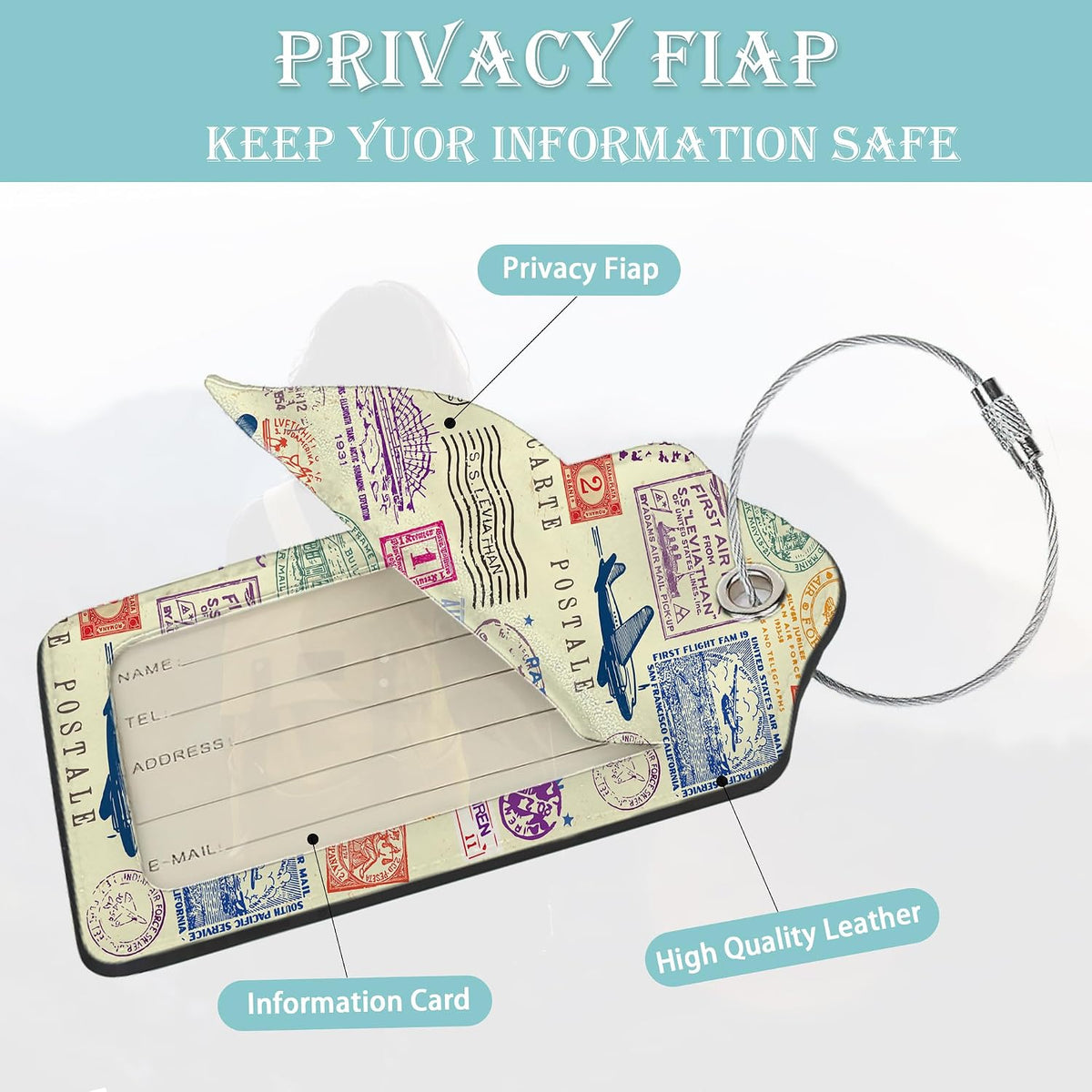 Travel Stamp Luggage Tags for Suitcase,2 Pack Retro Passport Carte Postale Luggage Tag Leather Privacy Cover ID Label with Stainless Steel Loop for Women Men Kids Girls