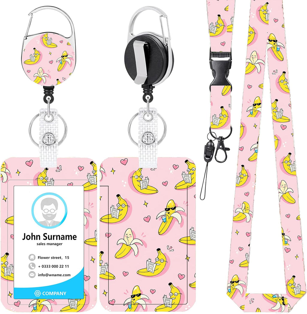 Funny Banana Badge Reel and Lanyard Set for Women, Retractable Badge Holder with Vertical ID Card Holder, Cute Cartoon Fruit Design, Fun Office Accessories Gift