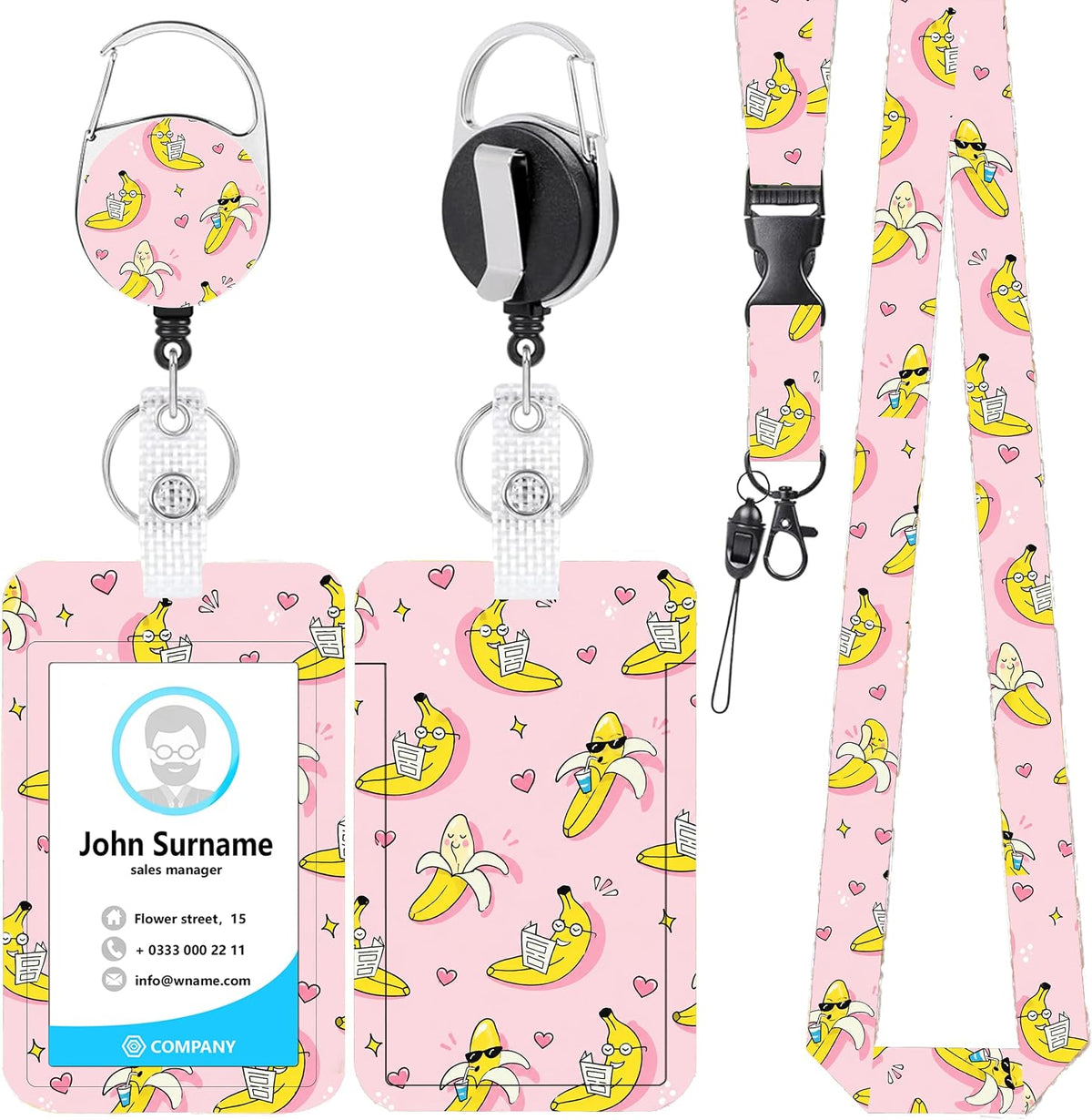 Funny Banana Badge Reel and Lanyard Set for Women, Retractable Badge Holder with Vertical ID Card Holder, Cute Cartoon Fruit Design, Fun Office Accessories Gift