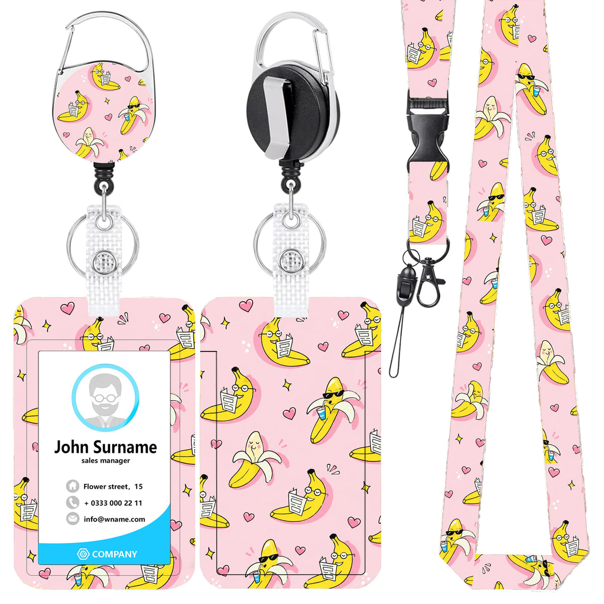 Funny Banana Badge Reel and Lanyard Set for Women, Retractable Badge Holder with Vertical ID Card Holder, Cute Cartoon Fruit Design, Fun Office Accessories Gift