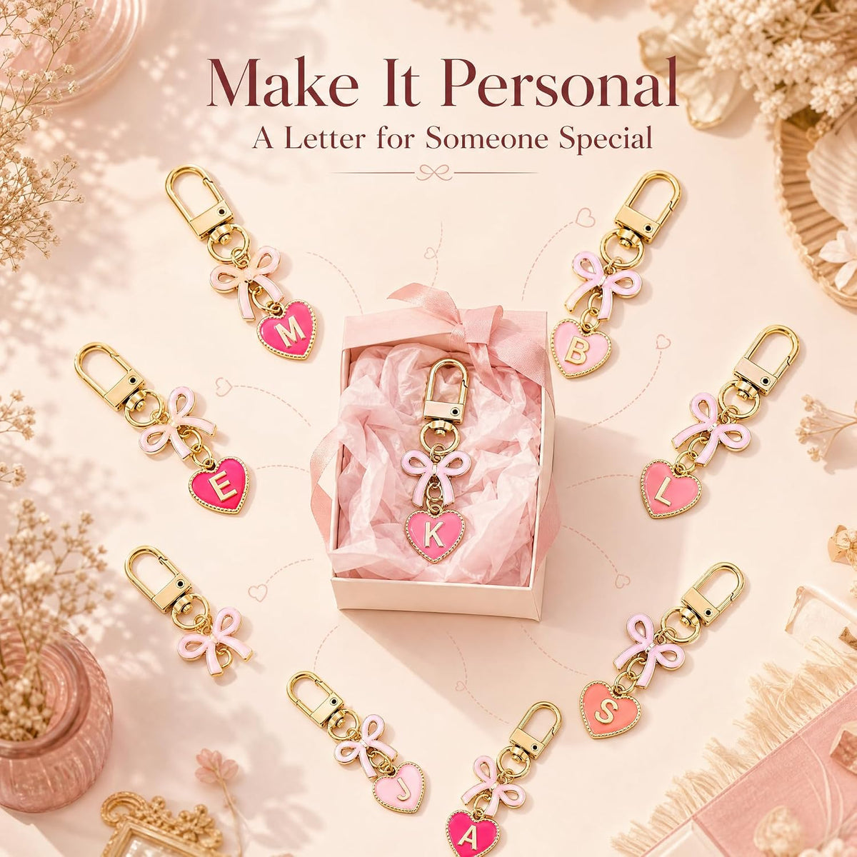 YOJO Pink Initial Letter Keychain with Enamel Bow and Heart Pendant