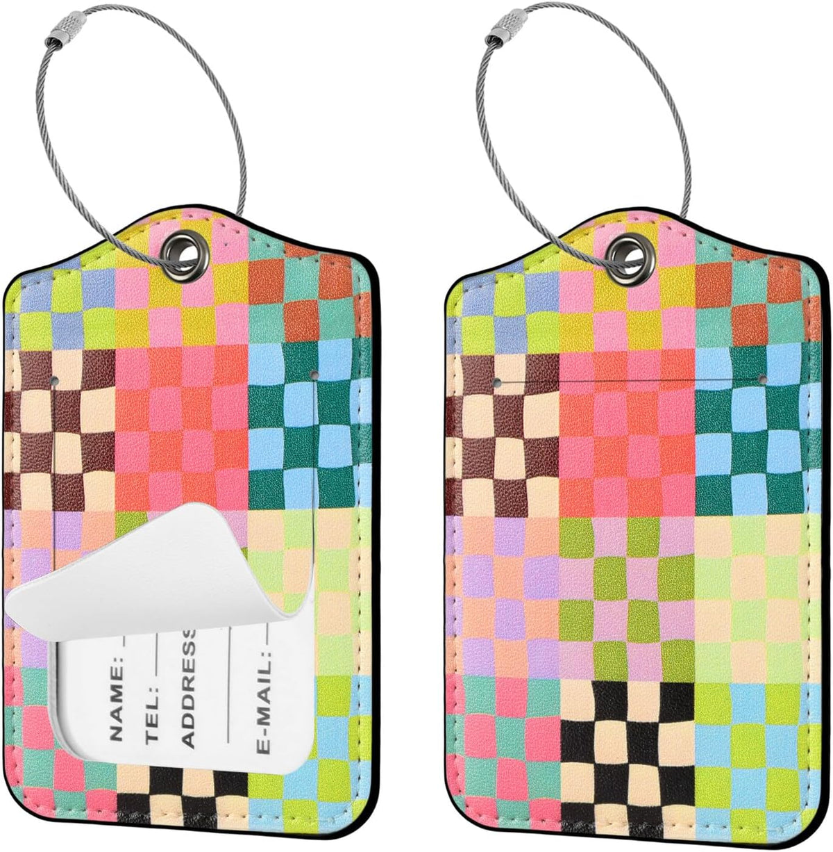 Seorsok 2Pcs Luggage Travel Tags for Suitcases,Cute Color Grids Checkered PU Leather Name Tag with Privacy Cover&ID Label Address Card and Durable Metal Ring Suitable for Men Women Handbags Backpack