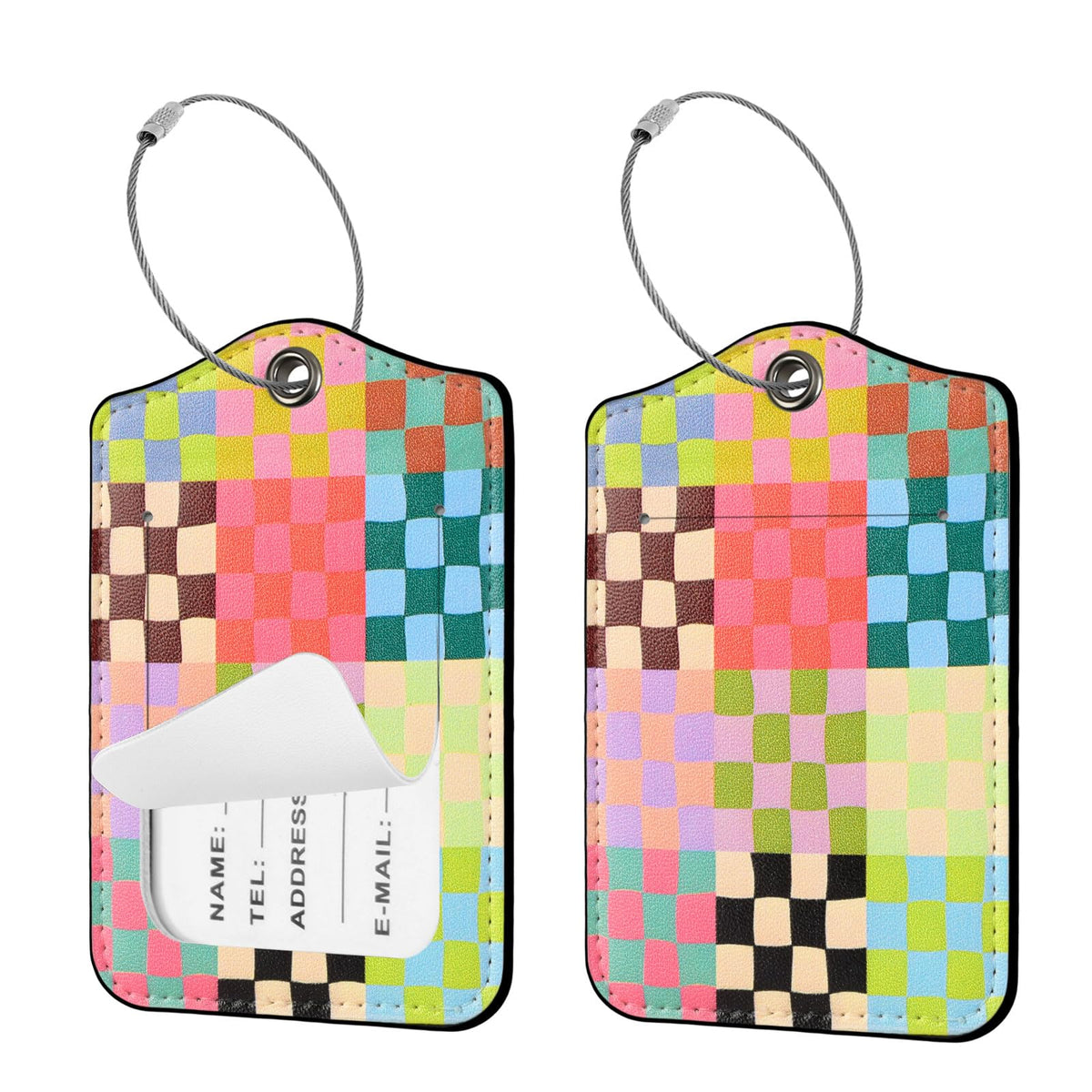 Seorsok 2Pcs Luggage Travel Tags for Suitcases,Cute Color Grids Checkered PU Leather Name Tag with Privacy Cover&ID Label Address Card and Durable Metal Ring Suitable for Men Women Handbags Backpack