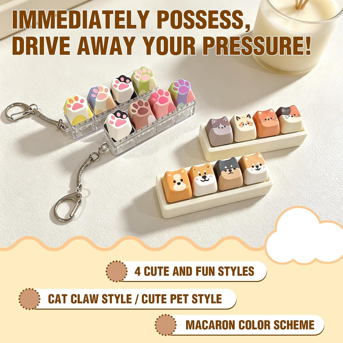 Cute Cat Keyboard Fidget Toy,Crisp Sound,Stress Relief Fidget Clicker Keychain,Creative Keycap Button, for Adults at Work, Travel, Home – Anxiety Relief & Focus Boost (Cat)