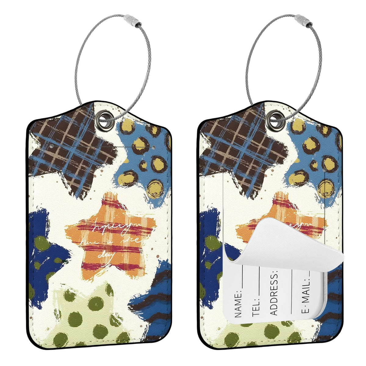 Seorsok 2Pcs Luggage Travel Tags for Suitcases,Cute Color Grids Checkered PU Leather Name Tag with Privacy Cover&ID Label Address Card and Durable Metal Ring Suitable for Men Women Handbags Backpack