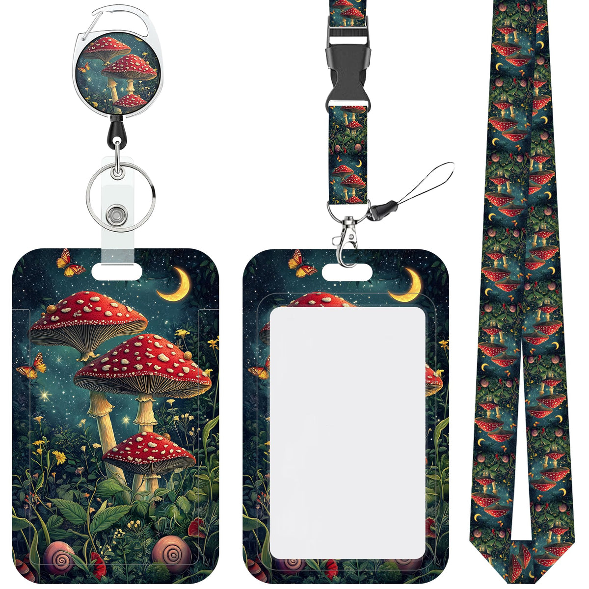 Cartoon Mushrooms Chickens Lanyards for ID Badges Retractable Removable Neck Lanyard with Badge Reel Vertical ID Work Badge Holder for Badge Holder Nurse Office Teacher