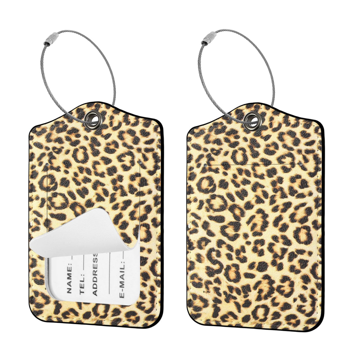Seorsok 2 PCS Luggage Travel Tags for Suitcases,Cute Brown Leopard PU Leather Name Tag with Privacy Cover&ID Label Address Card and Durable Metal Ring Suitable for Men Women Handbags Backpack,Brown