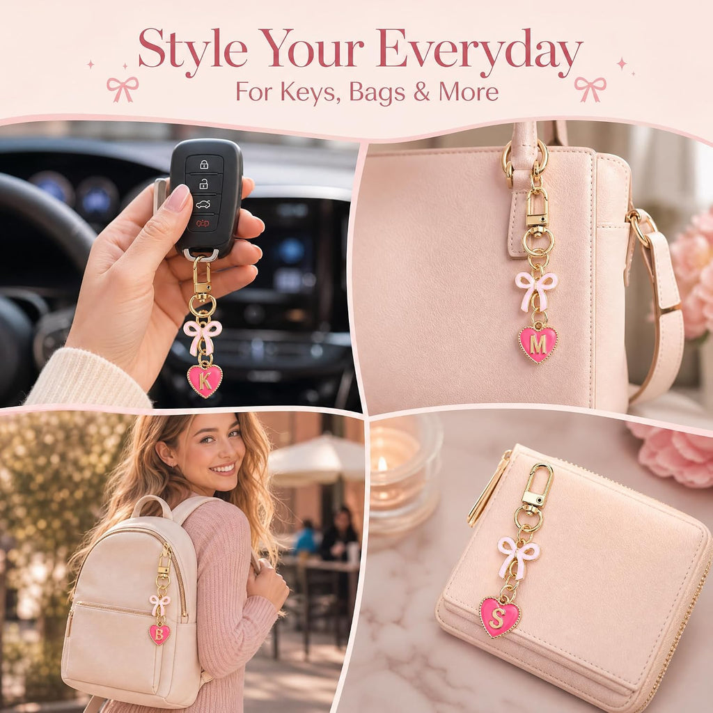 YOJO Pink Initial Letter Keychain with Enamel Bow and Heart Pendant