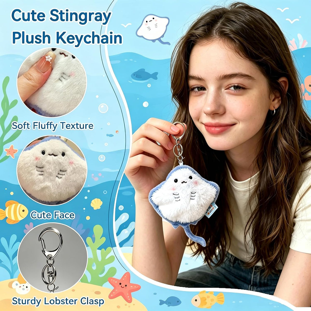 Cute Ocean Animal Plush Keychain-Stuffed Animal Bag Charm for Backpack Purse,Ocean Themed Gift for Teens Women