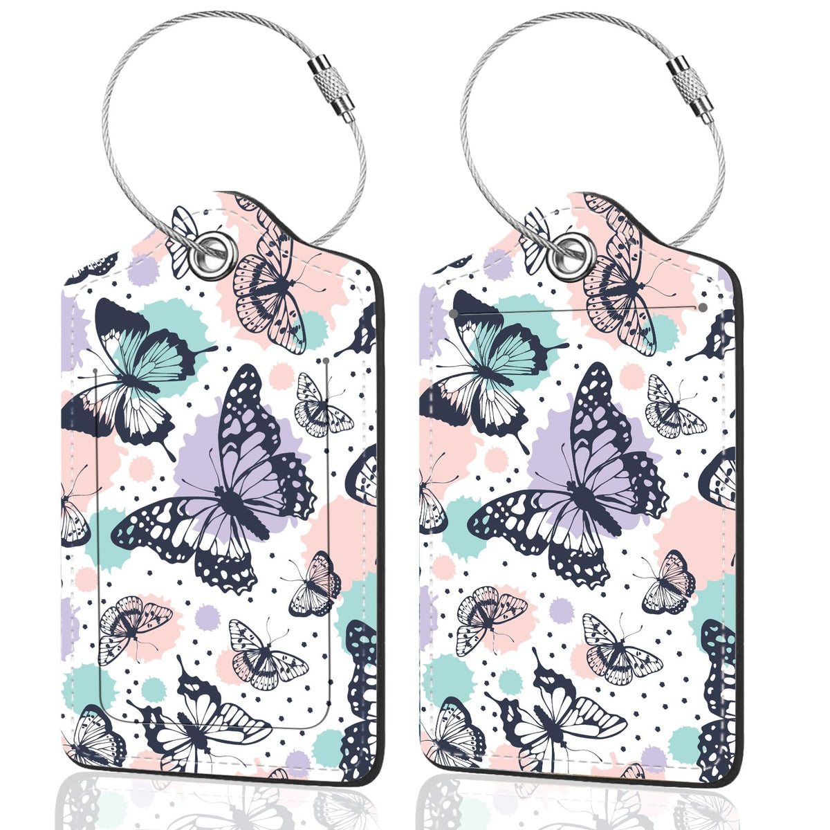 2Pack Luggage Tags for Suitcases, Cute Unique Pu Leather Cruise Luggage Tag with Privacy Cover ID Label Address Card and Metal Ring Suitable for Women Men Kids Travel Bag Linear Flower
